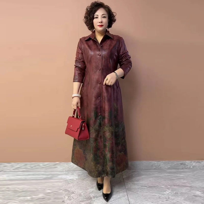 气质妈妈鹿皮绒风衣春秋装新款高品质坠感印花大码显瘦长款外套女