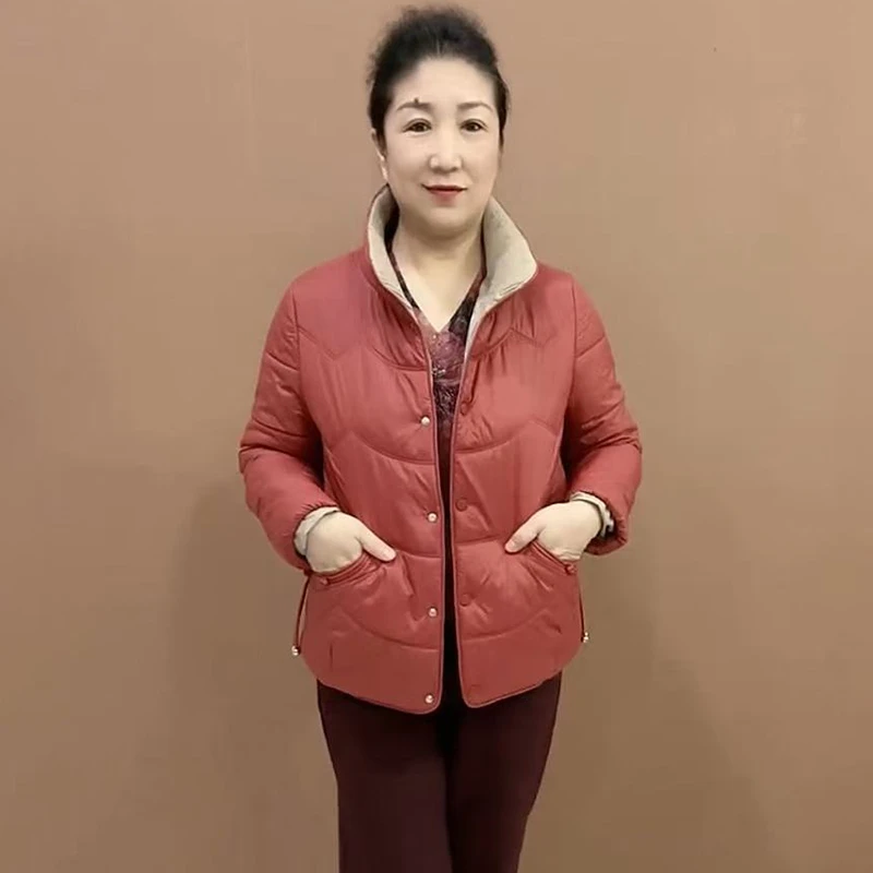 2024冬季新款休闲立领拼色棉服中老年时尚爆款保暖外套宽松妈妈装