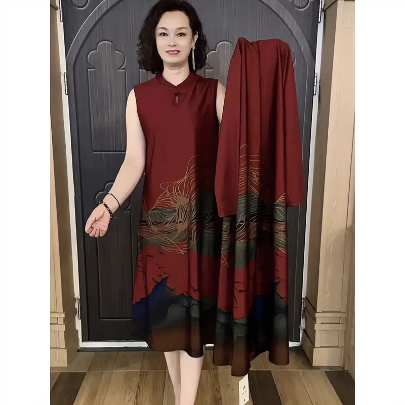 高档时尚秋季套装中老年妈妈洋气减龄旗袍裙长款风衣大码两件套
