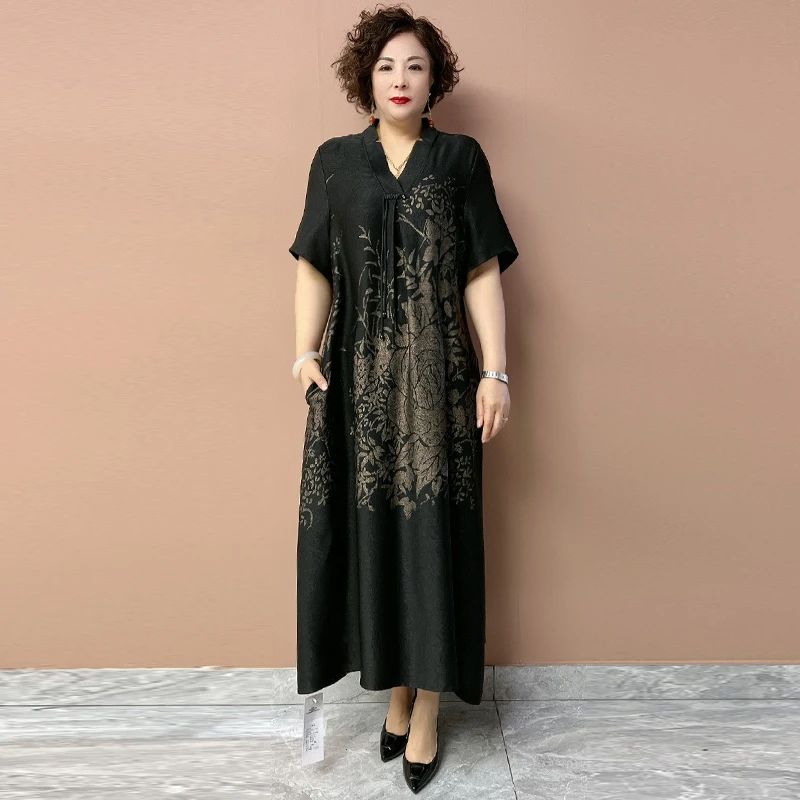 夏季新款新中式大码200斤宽松显瘦妈妈过膝长裙连衣裙气质中老年