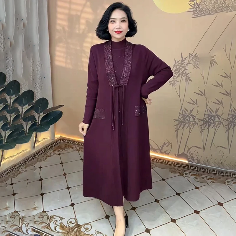 重工烫钻复古大码开衫女装宽松气质阔太太纯色长裙冰麻针织两件套