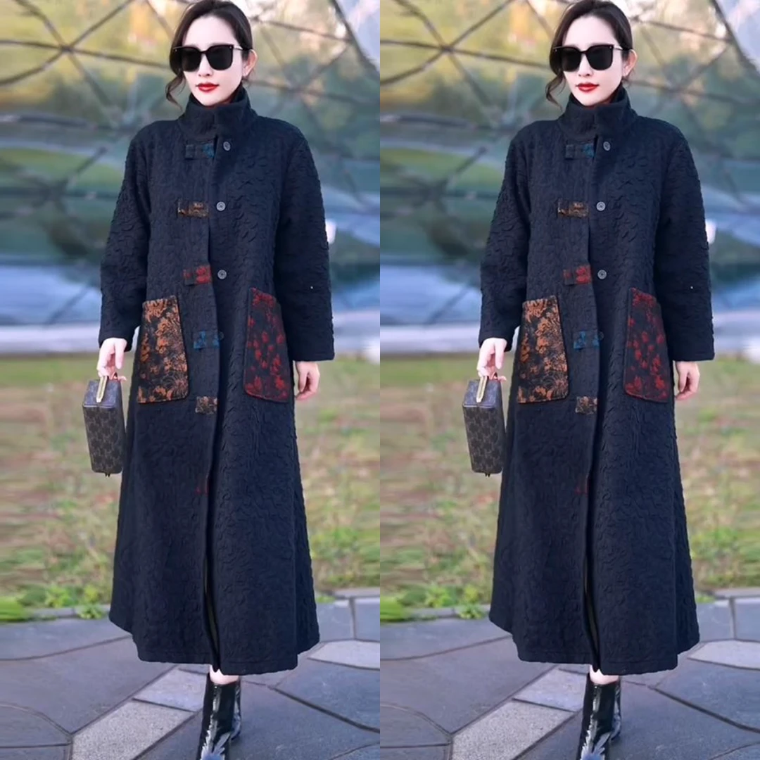 冬季加厚立领加绒保暖气质长款国风盘扣大码中年妈妈撞色风衣外套