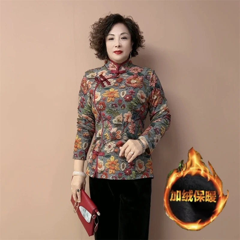加绒花衫洋气保暖盘扣旗袍弹力小妈妈冬季中老年加厚复古上衣唐装