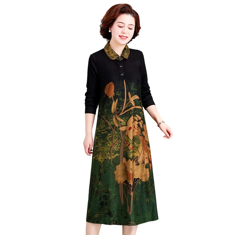 貂绒连衣裙秋冬新款刺绣领弹力显瘦大码中长气质妈妈长袖打底裙