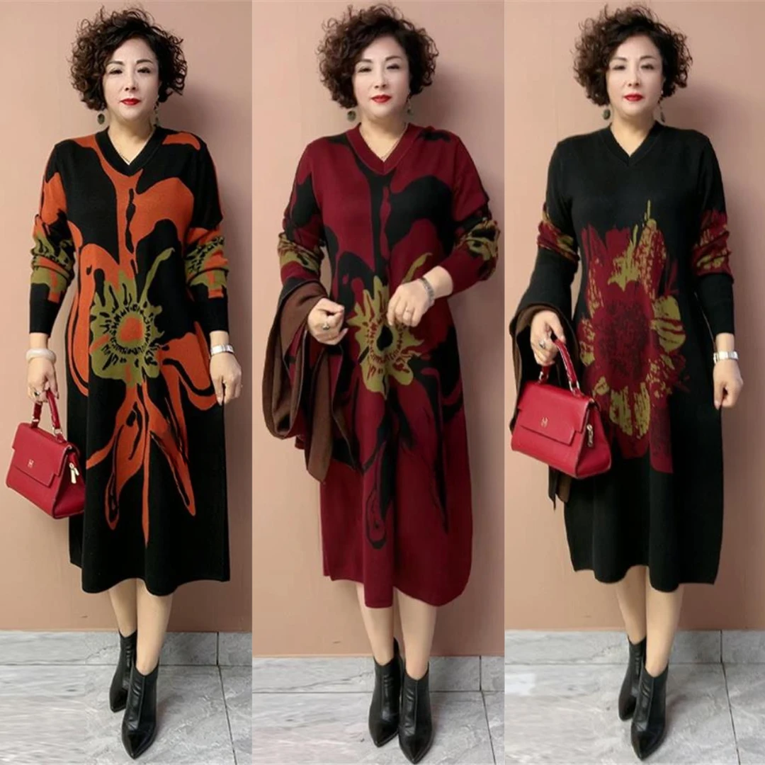 妈妈针织连衣裙2024气质优雅宽松大牌花色显瘦套头大码毛衣裙