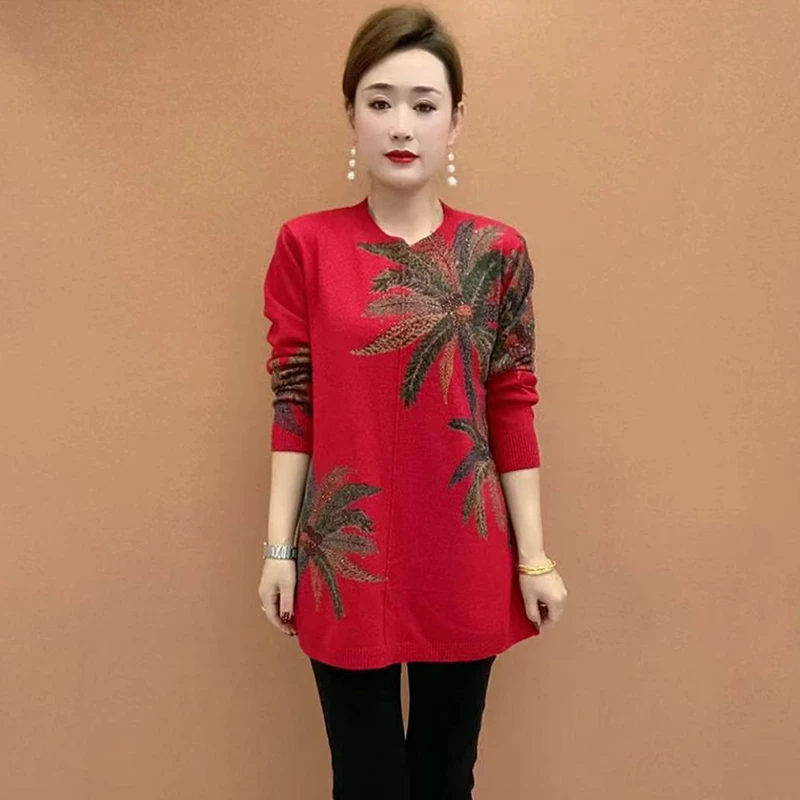 320长袖圆领中老年打底衫秋冬胖妈妈加肥加大码女装毛衣印花针织