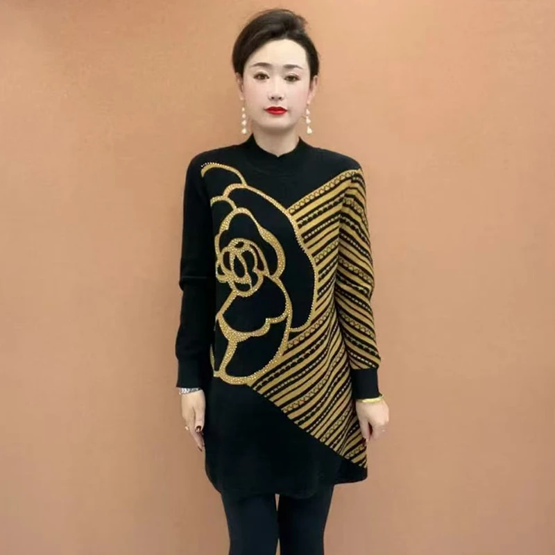 时尚2025针织宽松打底大版衫高档中遮秋冬大码长裙新款玫瑰花肚子