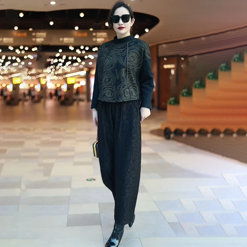 高档中年妈妈两件套秋冬新款高领大码套头上衣搭配哈伦裤时尚套装