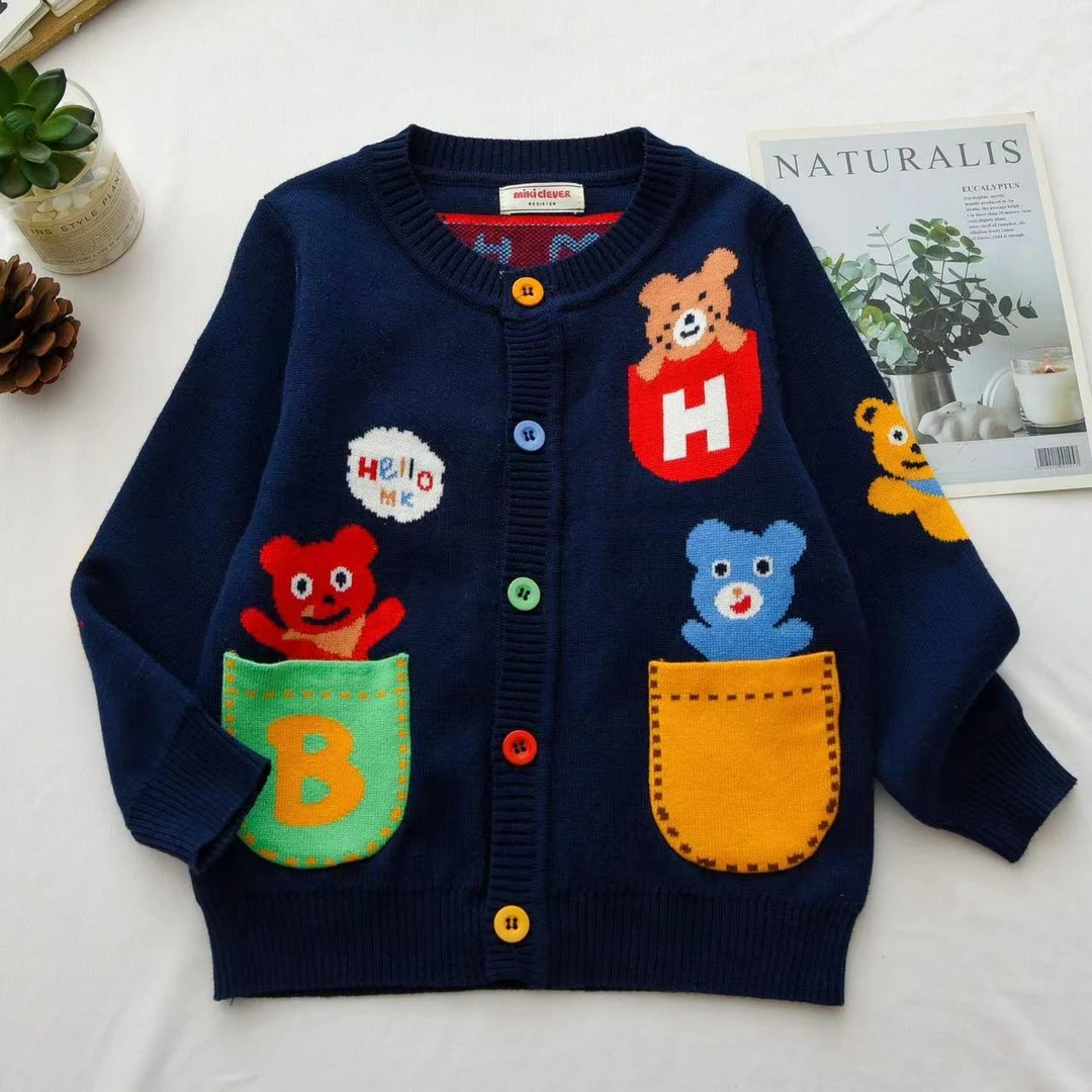 【25秋季新品】小熊HB麻子熊针织开衫双色口袋针织毛衣双层开衫