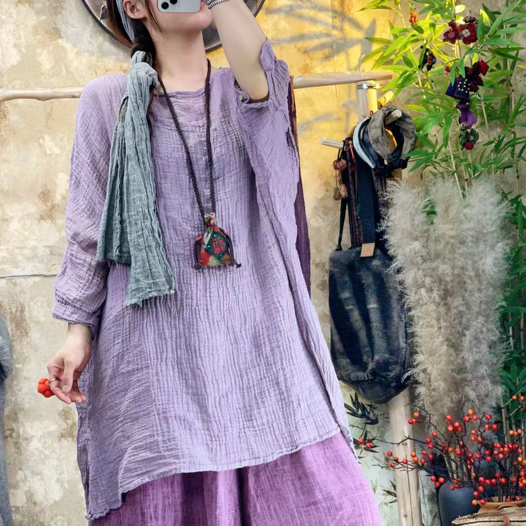 （忆南）雨露泡泡麻一个口袋中长款袍子。(衣长前长80后长90胸围150)