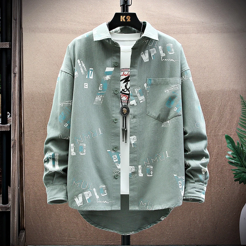 男士新款秋季时尚潮流印花长袖衬衫