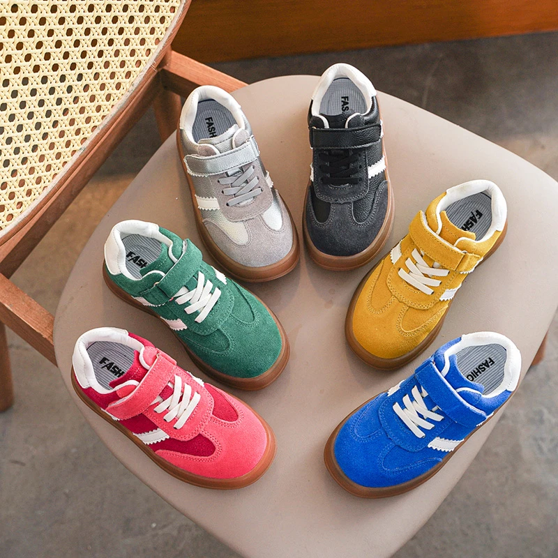 儿童运动鞋2024秋季新款女童彩虹休闲鞋男童真牛皮百搭德训鞋板鞋