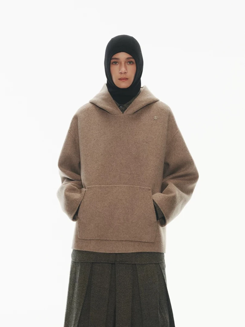 UHOOWU 24早秋纯色双面呢咩咩毛长袖帽衫外套上衣