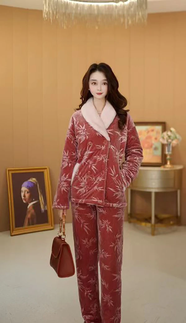 西湖丝韵【玉竹压花】2024冬季新款女士丝绵缎绒压花中式家居服套装