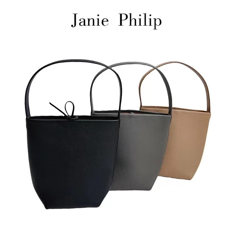 janie Philip  极简风头层荔枝纹牛皮小号水桶包25/22/12