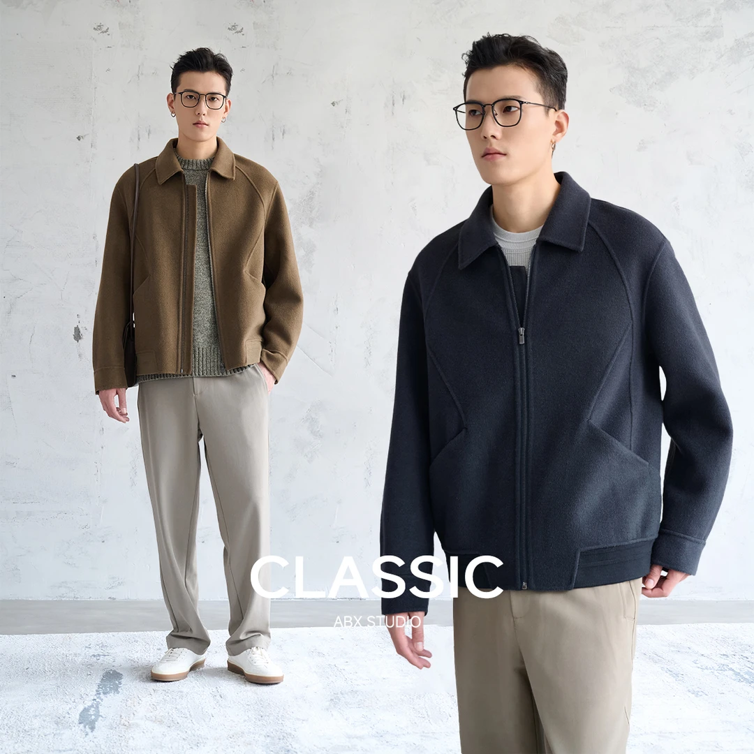 【重磅羊毛混纺双面呢子面料】冬季分割设计拉链翻领夹克外套男