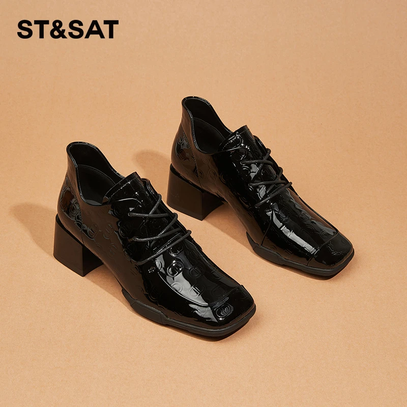 星期六粗跟系带单鞋女2025冬季新款真皮深口漆皮亮皮鞋高跟女鞋子