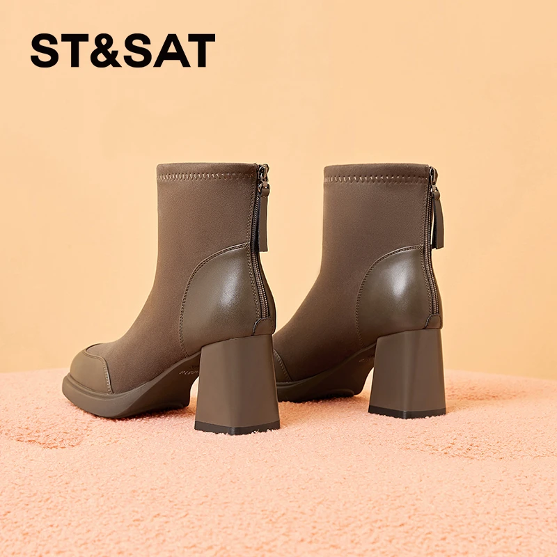 星期六方头高跟切尔西靴2024冬季加绒保暖时尚高跟瘦瘦靴女小短靴