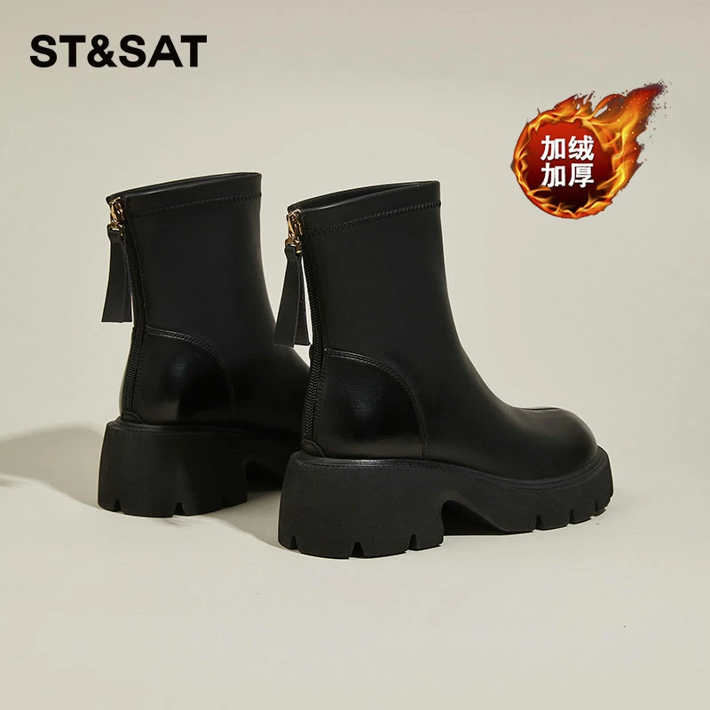星期六冬季气质短靴女显腿长烟筒靴英伦风后拉链加绒保暖女瘦瘦靴
