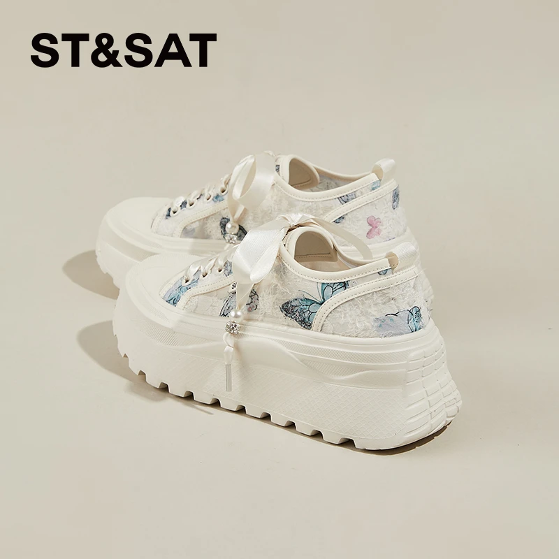 星期六网面透气松糕鞋厚底增高板鞋女夏季新款绸缎休闲百搭小白鞋