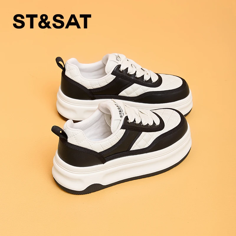 星期六真皮厚底板鞋女款2025新款冬今年流行的爆款鞋子黑白熊猫鞋