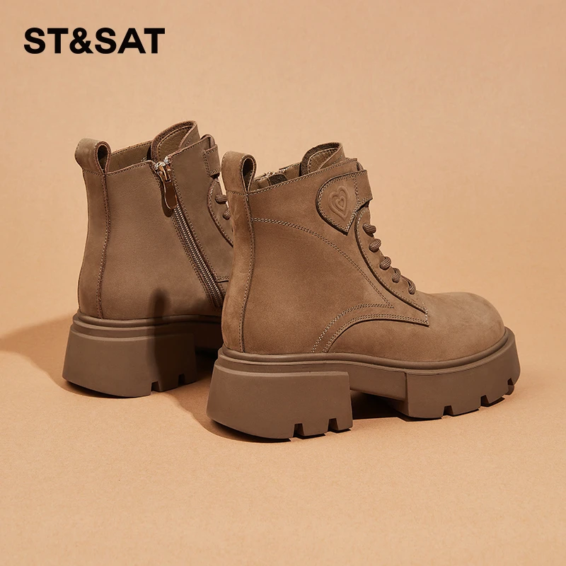 星期六马丁靴女2025冬季新款真皮5孔时尚卡其色厚底百搭机车靴子.