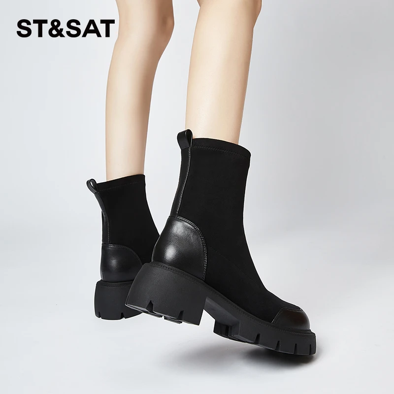 星期六马丁靴加绒厚底中筒靴靴冬季2025新款时尚英伦风粗跟瘦瘦靴