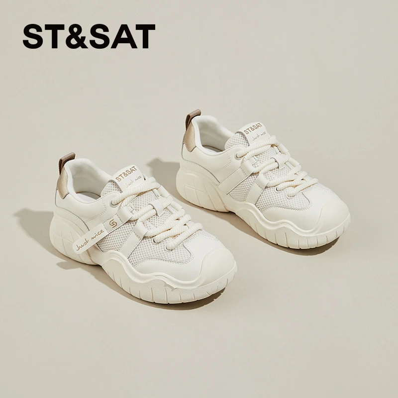 星期六厚底休闲老爹鞋圆头系带面包鞋百搭2025龙年新款时尚小白鞋