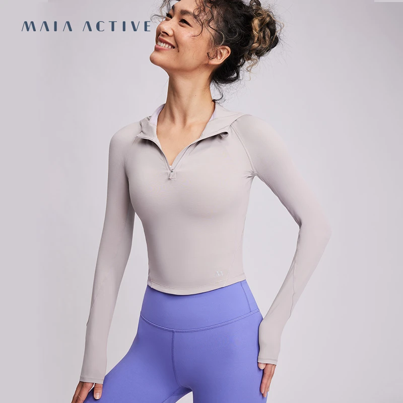 MAIAACTIVE 柔韧塑形罗纹拼接紧身连帽运动长袖短上衣 241TL006