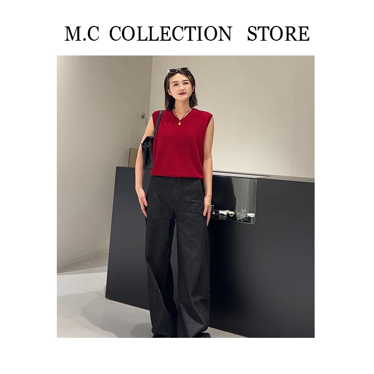 M.C STORE 显瘦气质针织纯色红色背心