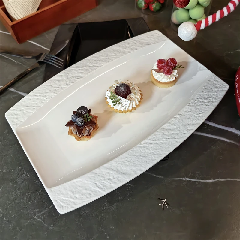 【天环长方盘】岩涧系列石纹轻奢欧式14英寸长方盘鱼盘陶瓷西餐盘