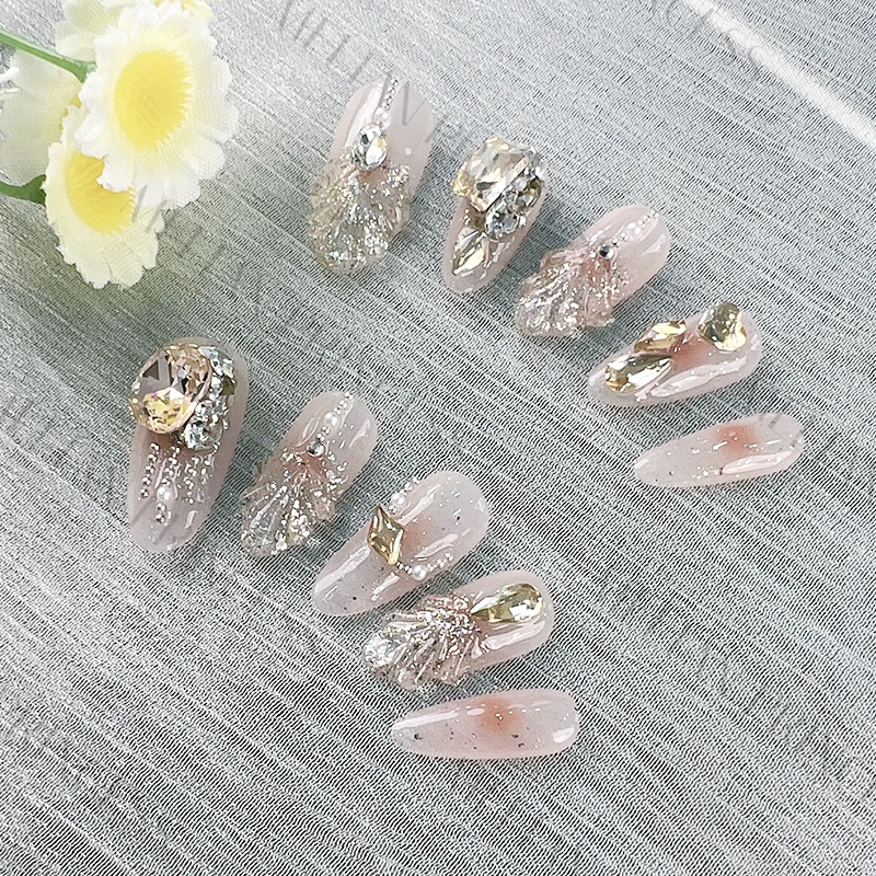 新款穿戴甲中长款轻奢风【人鱼公主】气质纹理手绘纯手工穿戴甲A11