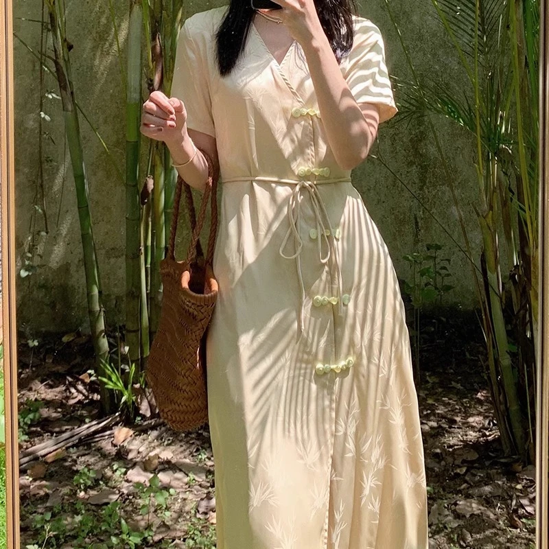 MONI新中式旗袍裙短袖连衣裙女夏长款日常款通勤显瘦国风复古裙子