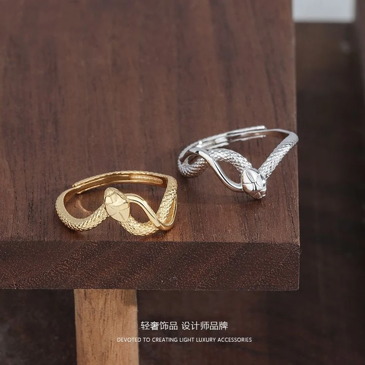 925银戒指 气质网红轻奢金色灵蛇戒指个性小众百搭设计感蛇形指环