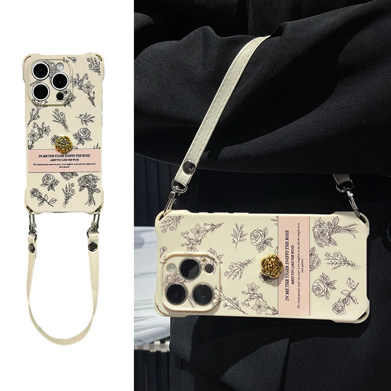 复古英文玫瑰适用于苹果15promax手机壳四角挂绳iPhone12/13/14