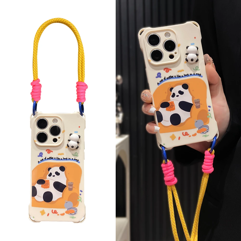 卡通沙发熊猫适用于苹果15promax手机壳四角挂绳iPhone13/14肤感