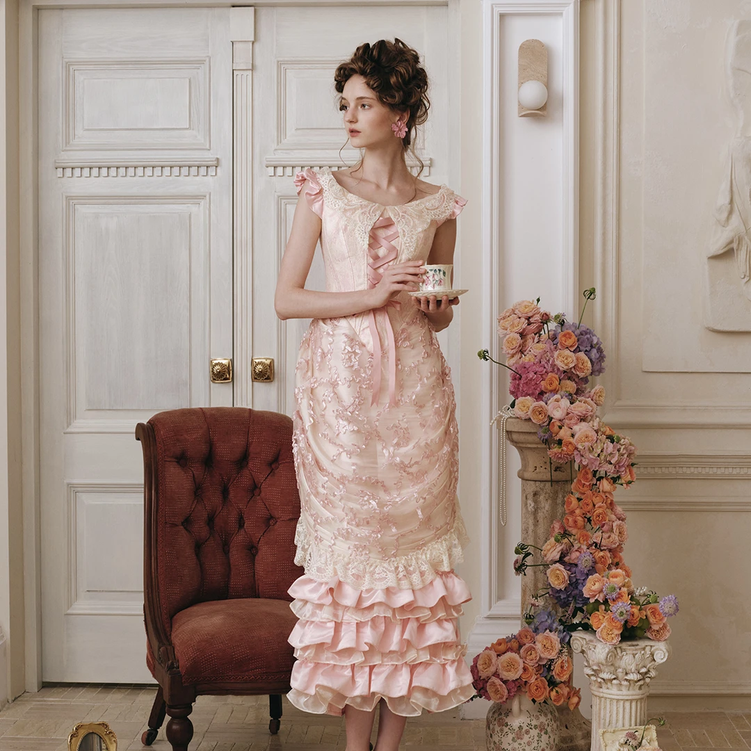 LaceMade 古董花瓶 法式宫廷风设计感小众重工鱼骨连衣裙巴斯尔裙