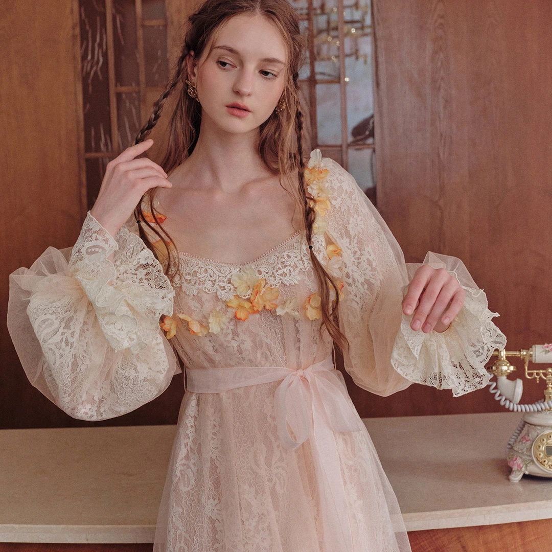 LaceMade 日落橘子海 法式仙女重工蕾丝网纱连衣裙大摆仙女裙秋女