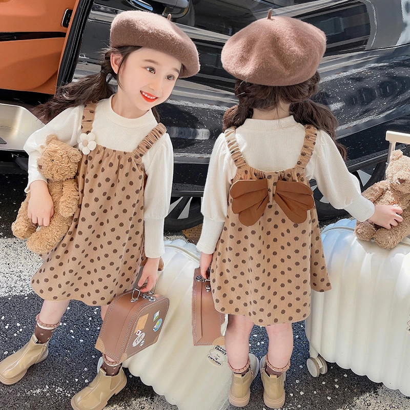 女童洋气波点背带裙套装儿童春秋装新款2023韩版女宝宝时髦两件套