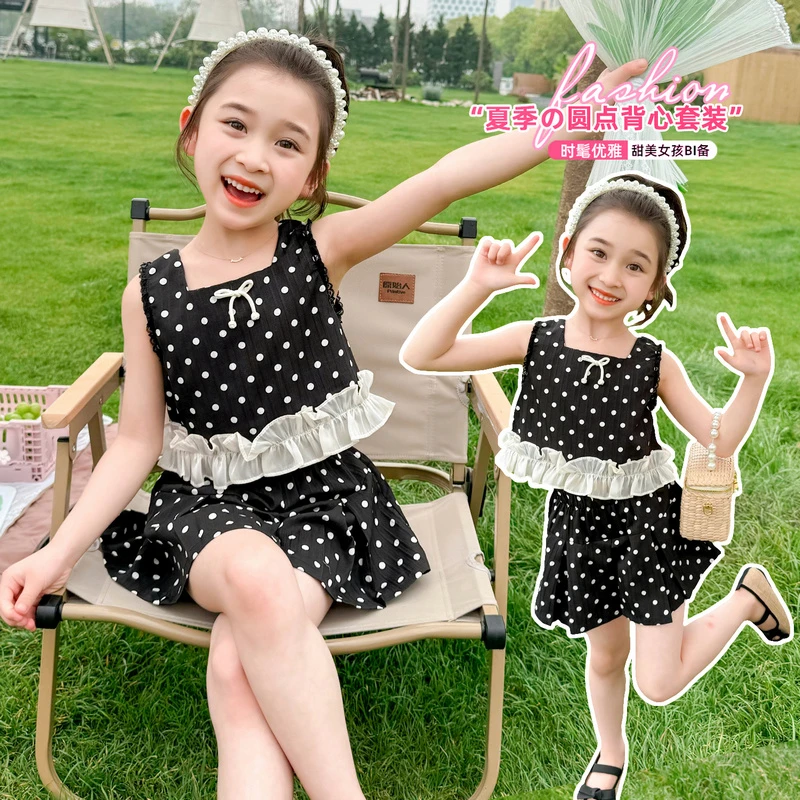 女童圆点无袖套装洋气夏季新款女宝宝两件套背心短裤甜美女孩时髦