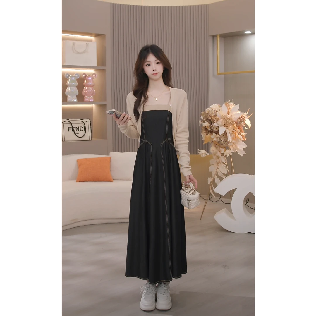 【炸】复古牛仔气质针织开衫吊带两件套TZ1765