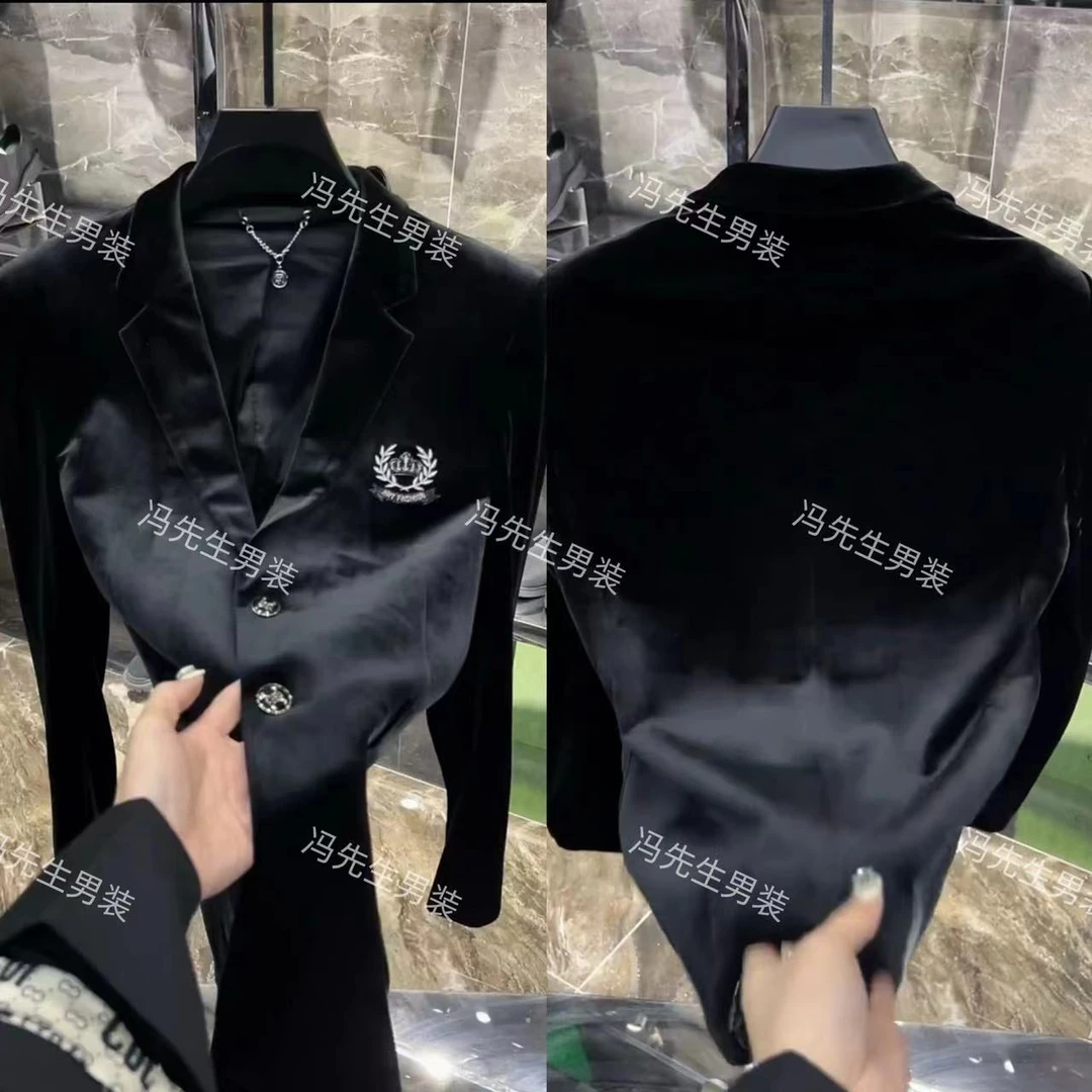 男士秋冬新款金丝绒休闲西服外套刺绣商务高品轻奢外套男时尚百搭