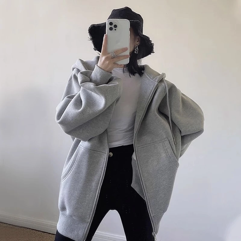 【石榴家】卫衣外套女25秋冬款开衫拉链连帽休闲灰色美式复古上衣