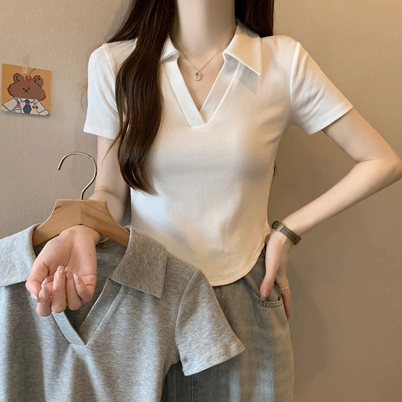 正肩女t恤短款翻领短袖2025夏季显瘦遮肚子小众设计感纯欲辣妹装