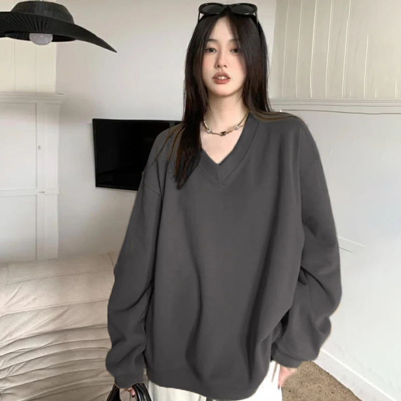 石榴家v领卫衣女新款25秋季女长袖上衣宽松宽松休闲oversize卫衣