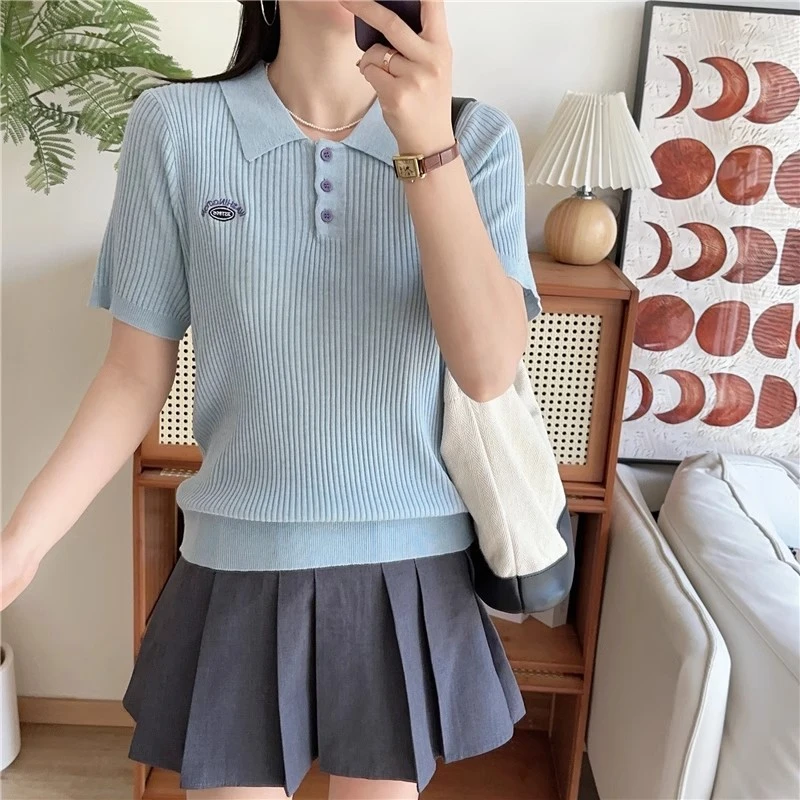 夏季新款Polo领纯色坑条针织短袖T恤女刺绣减龄百搭薄翻领上衣