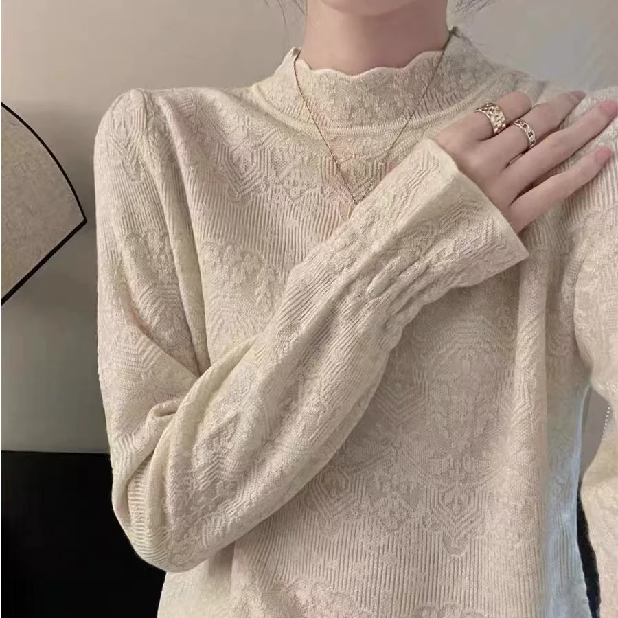 纯色百搭木耳边半高领蕾丝秋冬针织打底衫女内搭荷叶袖宽松上衣