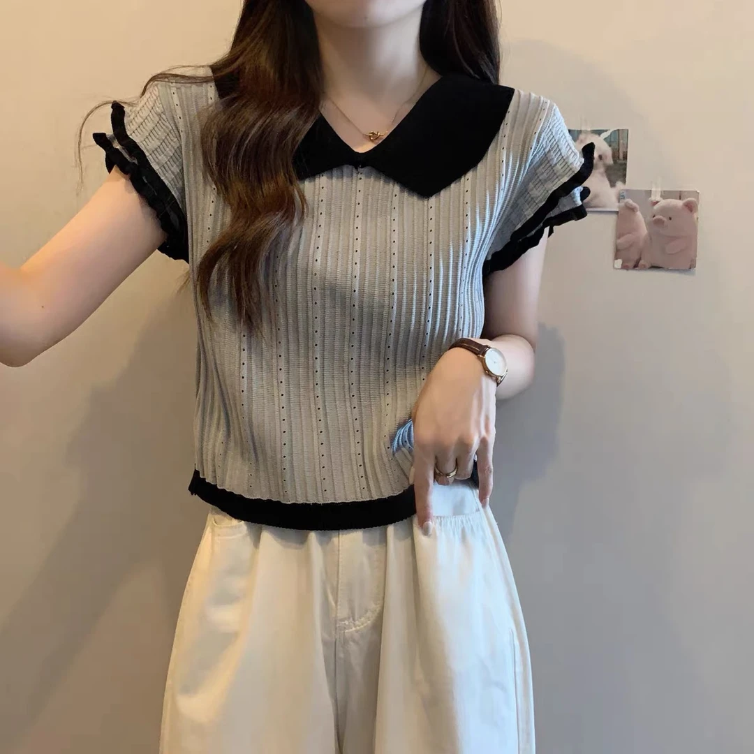 夏季新款娃娃领小飞袖针织短袖女T恤镂空翻领减龄设计感上衣薄款