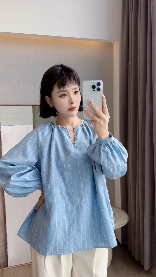 【25112】亚麻上衣长袖衬衫气质印花衬衣设计感