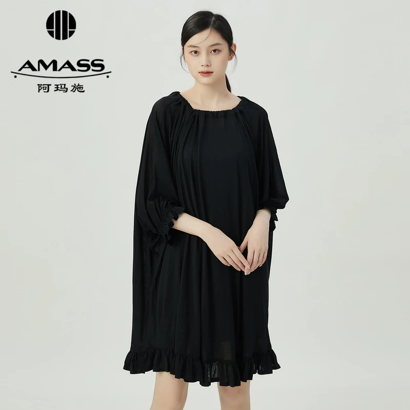 阿玛施AMASS桑蚕丝绵羊毛荷叶边廓形洋装短袖纯色连衣短裙5500556